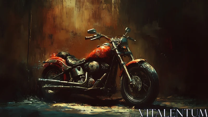 Crimson cruiser motorcycle glows against gritty urban shadows.