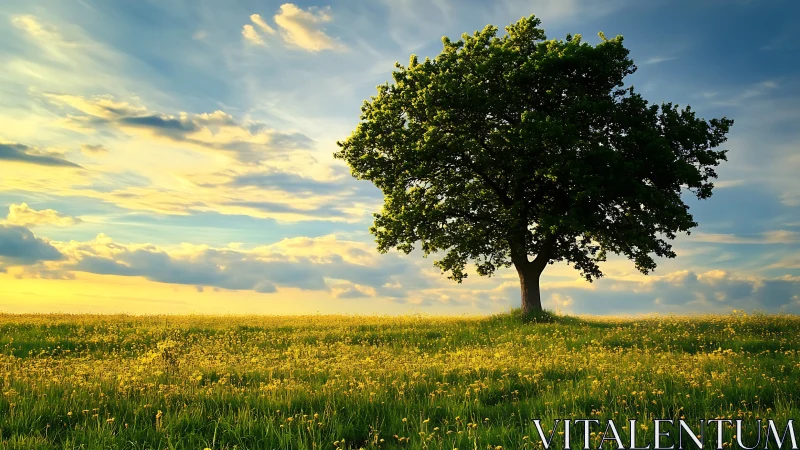 Solitary tree in yellow meadow under wide evening sky.