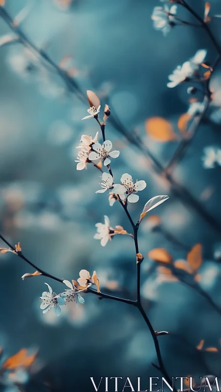 Delicate White Blossoms on Dark Branch Against Soft Blue