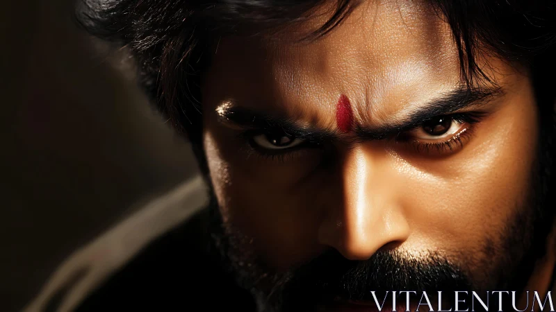 Fierce gaze carves molten light across a warrior’s brow