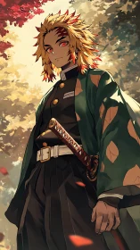 Anime swordsman stands outdoors in detailed autumn forest