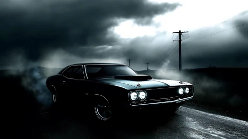 Muscle car headlights pierce stormy dusk along wet roadside