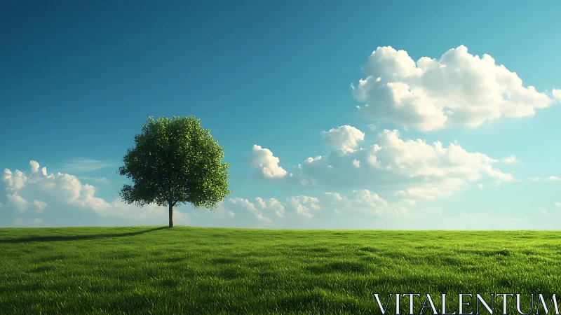 Lone tree on green field under blue sky, realistic landscape photo.