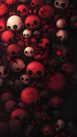 Stacked stylized skulls form a dense vertical composition