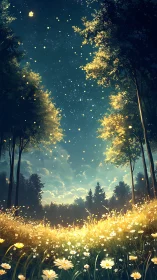 Luminous wildflower meadow under star-filled twilight sky.