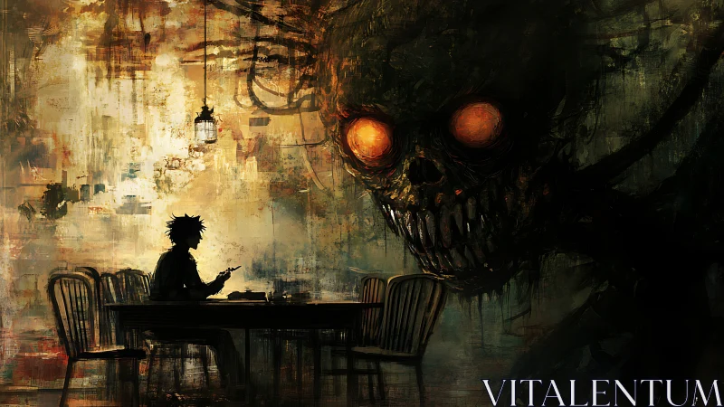 Digital painting of solitary reader stalked by fiery-eyed horror.