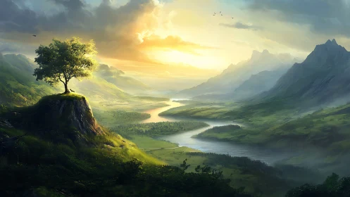 Solitary hilltop tree overlooks luminous river valley at dawn