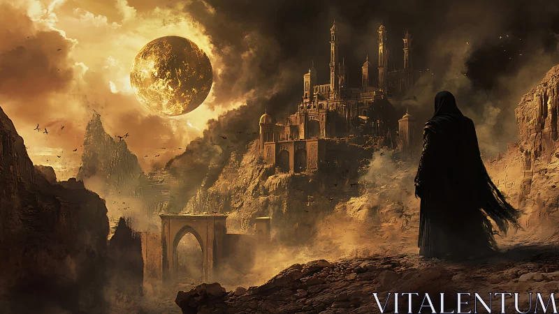 Occult observer surveying eclipse-lit citadel in ruinous canyon.