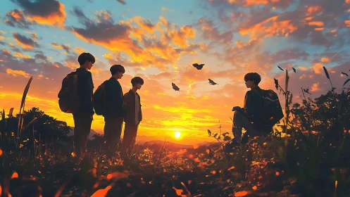 Friends share a golden sunset moment on the hillside.