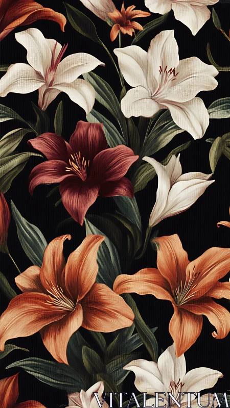 Elegant Lilies Dancing Against Deep Shadows.