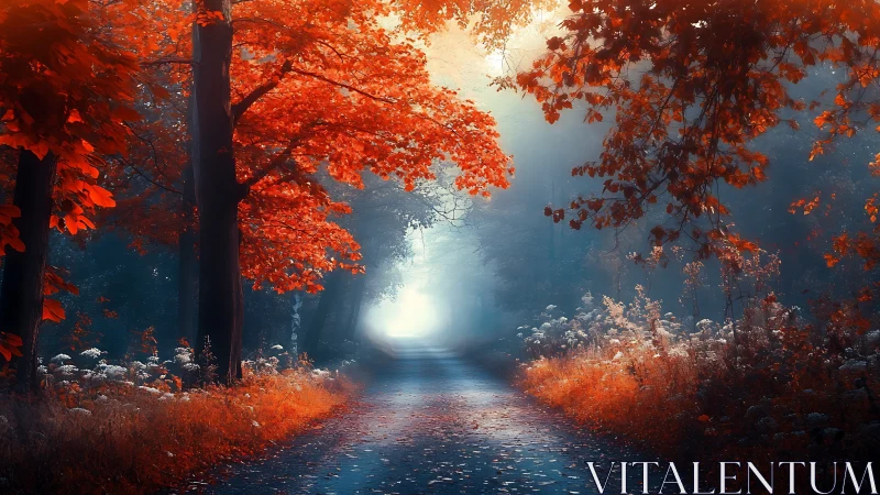 Crimson Canopy Path: Where Autumn's Fire Meets Ethereal Light.