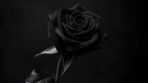 Macro study isolates a dew-covered black rose in deep chiaroscuro