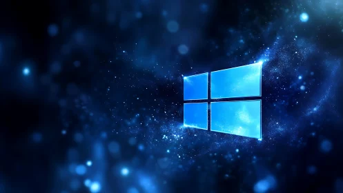 Glowing window emblem in cosmic blue digital particle field.