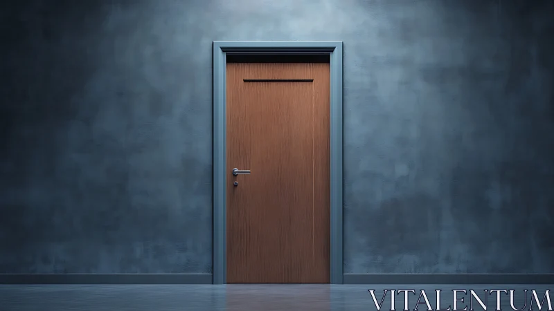 Closed wooden door in blue wall under soft even light.