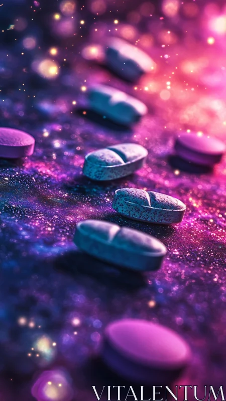 Macro shot of colorful tablets on glittering bokeh surface