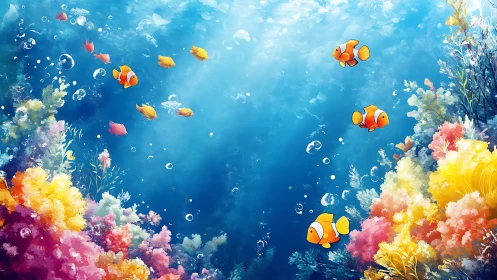 Clownfish swim above multicolored coral in clear blue water