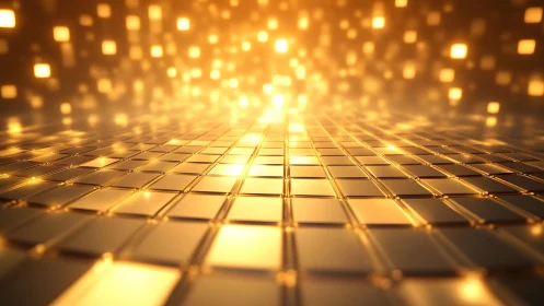 Futuristic golden digital tiles with glowing lights, abstract style.