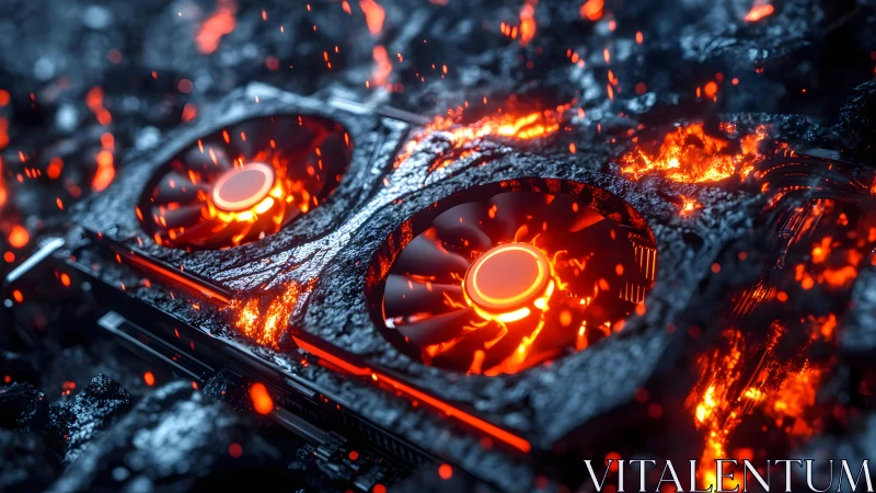 Gaming graphics card melting in lava, digital art with vibrant colors.