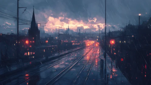 Rain-soaked urban railway at dusk with glowing signal lights.