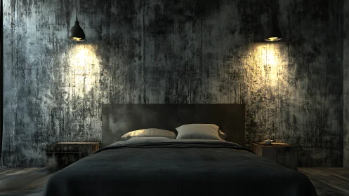 Moody industrial bedroom rendered in dramatic directional lighting