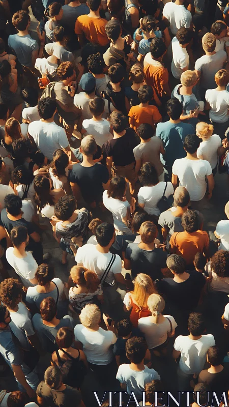 Dense urban crowd from overhead with warm color harmonies.