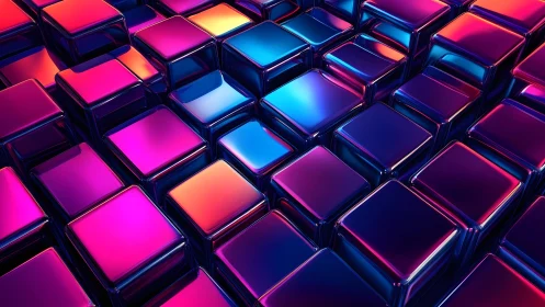 Chromatic metallic cubes form seamless neon geometric landscape