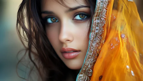 Amber-veiled gaze and storm-soft hair in luminous stillness.