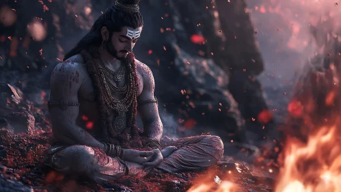 Ember-kissed ascetic sinks into stillness amid molten dusk