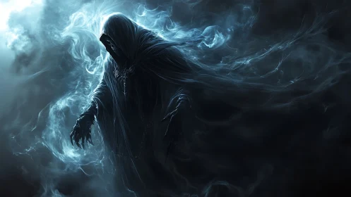 Spectral reaper in swirling cyan mist, hooded and skeletal.