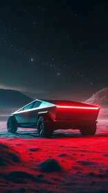 Angular electric truck under star field casts red emissive ground light