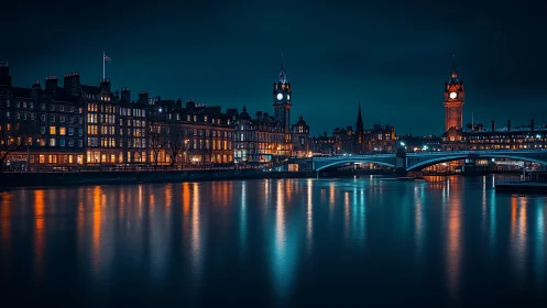Riverside city skyline glows under deep blue night sky