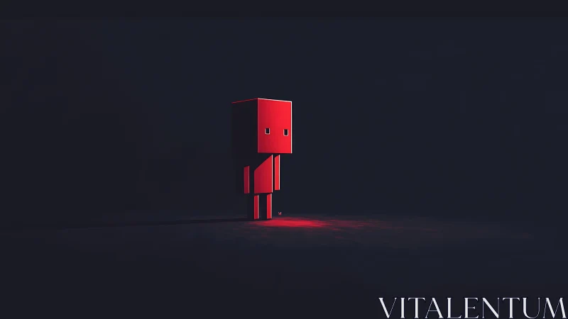 Lonely red robot character glowing softly in the dark.