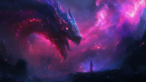 Cosmic dragon confronts lone figure in luminous nebular void