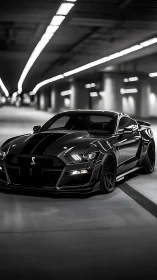 Midnight muscle car glowing under sleek tunnel lights.