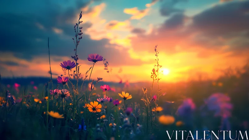 Wildflower Field Sunset: Purple Cosmos and Orange Daisies at Golden Hour