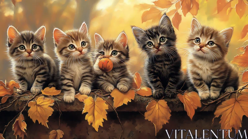 Five kittens positioned on branch with autumn foliage..