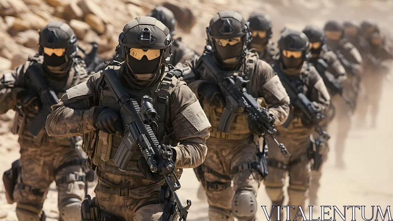 Armored tactical infantry column advancing through desert theater.