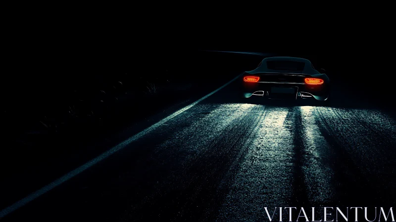 Sports car taillights on wet night highway, rear view.