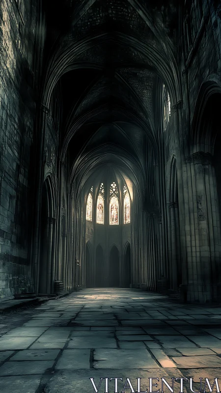 Gothic cathedral nave in moody low-key volumetric light.