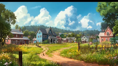 Rural village houses along dirt path in open landscape.