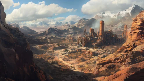 Rust-colored desert megafactory broods beneath snowy peaks