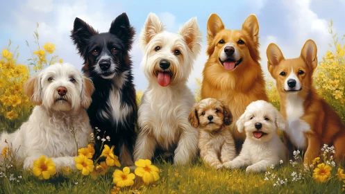 Multi breed dog portrait in yellow wildflower meadow under sky