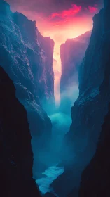 Neon chasm of mist and firelit sky at the world’s edge.