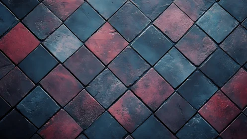 Diagonal ceramic tile grid shows worn bicolor surface modulation