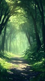 Enchanted Forest Path Glowing with Magical Sunlight