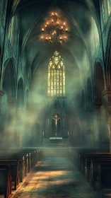 Sunlit cathedral nave glows through dust and stained glass.