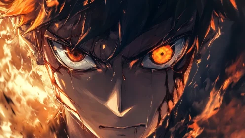 Incandescent anime warrior portrait with molten ember eyes and flames