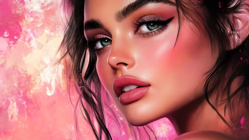 Radiant digital portrait of woman framed in vivid pink hues.