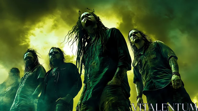 Metal band under toxic green storm light exudes apocalyptic aura