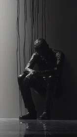 Brooding figure in black resin under streaked shadows.